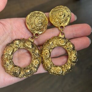 Gold brass Textured Drop Earrings extra large